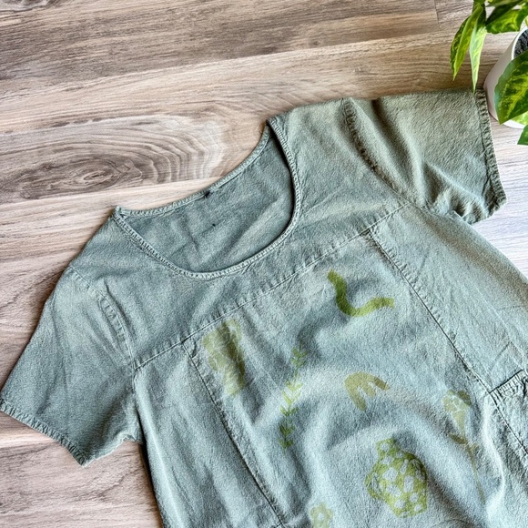 Hand-Painted Olive Green Short Sleeve Pocket Dress Unique Artwear (Fits M/L) - Picture 3 of 11